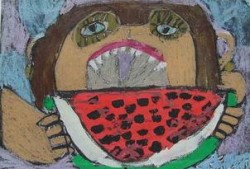 国画吃瓜的图片,一幅国画中的夏日风情