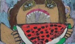 国画吃瓜的图片,一幅国画中的夏日风情